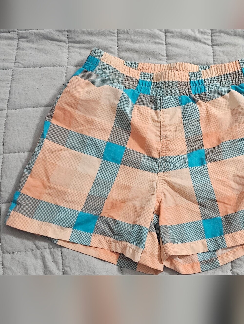 Columbia Peach and Turquoise Plaid Boys Swim Trunks